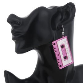 Retro Women Cassette Tape Dangle Earrings for 80s' Party Jewelry Gift (pink)