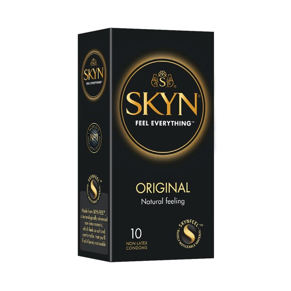 SKYN Original Condoms Pack of 10 SKYNFEEL Latex Free Condoms for Men, Regular Size Condoms, Strong & Thin Condoms, Smooth Straight Shape, Lubricated, 53mm Wide