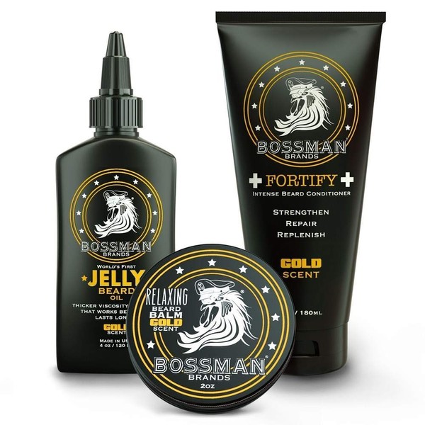 Bossman Essentials Beard Kit - Made in USA - Jelly Beard Oil - Conditioner - Beard Balm - Natural Ingredients (Gold Scent)