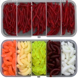 350 Pieces Artificial Bait Worms Fishing Set with Soft Plastic Worms, Earthworms & Mealworms Ideal Rubber Set for Trout Fishing in Box - 150 Mealworms + 200 Small Earthworms