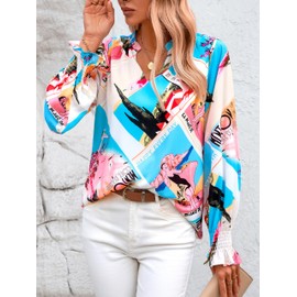 MASCOMODA Womens V Neck Floral Long Sleeve Tops 2025 Summer Casual Loose Puff Sleeve Chiffon Boho Work Blouse Dressy T Shirts(Graphic Print,Small)