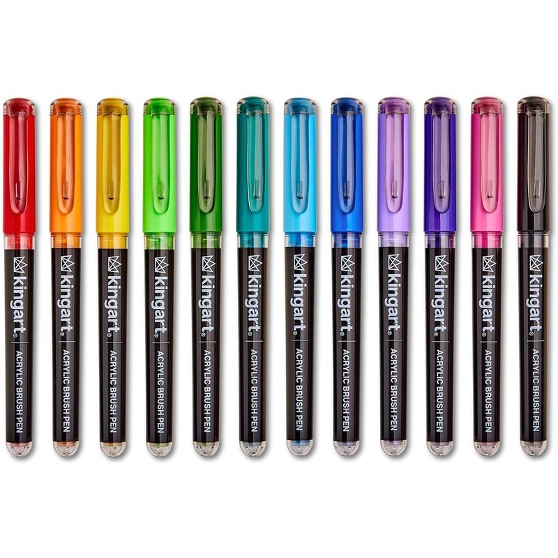KINGART Acrylic Paint Markers Brush Tip, 12 Vibrant Colors. Water-based,