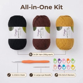 Renyiz Crochet Yarn 3x100g 4 Ply Combed Cotton Yarn, 60% Cotton 40% Acrylic, Complete Craft Set with 2.5mm Hook, Accessories for Adult Beginners, Perfect for Amigurumi & DIY Projects (Black-3)