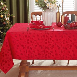 SASTYBALE Christmas Tablecloth Rectangle, Spillproof and Wrinkle Resistant Jacquard Table Cloth with Holly Leaves Patterns for Dining Room & Holiday Decoration (Red, 152 x 213 cm (6-8 Seats))