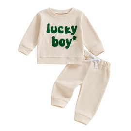 Lesimsam Toddler Baby Boy St Patricks Day Outfit Letter Embroidery Long Sleeve Waffle Knit Sweatshirt and Pants Set (St Patricks Day-Apricot, 6-12 Months)