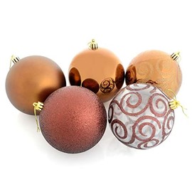 Mr Crimbo Set Of 5 Large Round Christmas Tree Baubles Shiny Mirrored Matt Glittery Swirled Patterns, Coffee 10cm