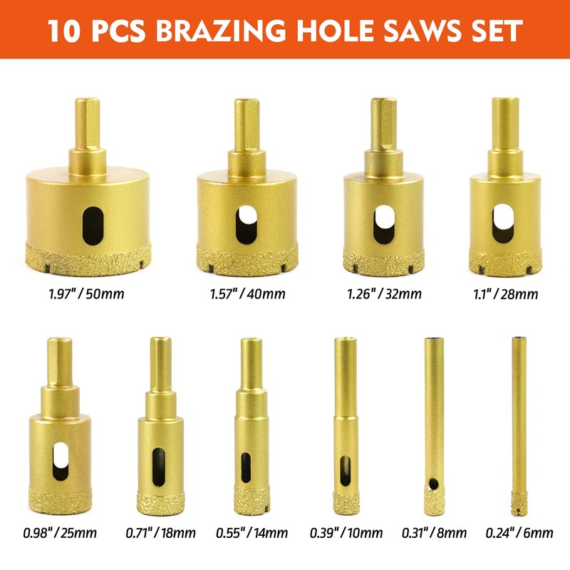 MARSBASE Diamond Hole Saw Kit, 10 PCS Dry/Wet Brazing Tile