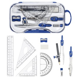 Vobou 10 Pieces Math Geometry Kit Set Student Supplies with Shatterproof Storage Box,Includes Rulers,Protractor,Compass,Eraser,Pencil Sharpener,Lead Refills,Pencil,for School and Drawings（Navy Blue）