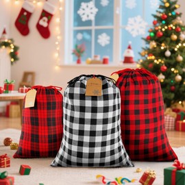 Large Fabric Drawstring Christmas Gift Bags Assorted Sizes, 3Pcs 20"x28" Red Black White Buffalo Plaid Christmas Bags Heavy Santa Sacks with Kraft Gift Tags for Xmas Holiday Gift Wrapping & Giving
