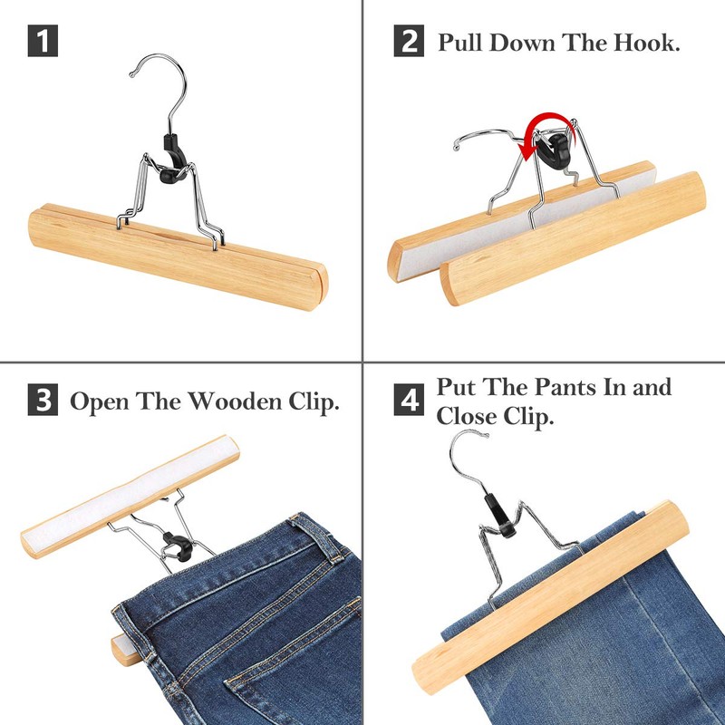AMKUFO 12 Pack Natural Wooden Pants Hangers with Clips Non