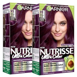 Garnier Nutrisse Ultra Color - Crema nutritiva para el cabello, V2 violeta oscuro intenso (Spiced Plum), tinte permanente para el cabello púrpura, 2 u