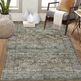 GarveeHome Area Rug 9x12 Washable Rugs for Living Room Large Vintage Rug Oriental Indoor Floor Carpet Non-Slip Backing Foldable Thin Rug Retro Floral Print Distressed Carpet for Bedroom Dining Green