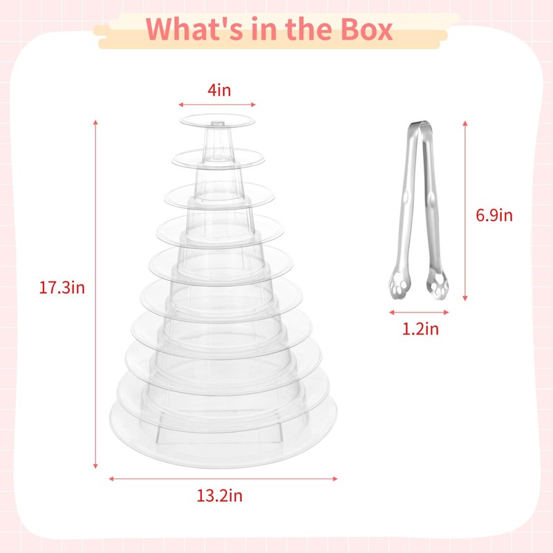 10-Tier Clear Macaron Display Stand, Plastic Macaron Tray Tower with