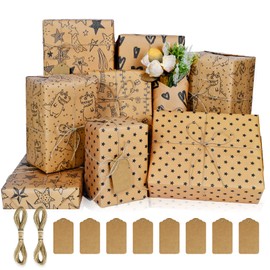 Wrapping Paper Set, Recycled Gift Wrapping Paper Birthday Gift Wrap Set, Eco Birthday Wrapping Paper Kraft Kit for present, Birthday Wrap Birthday Paper for Girls Kids Men Boys Women with Tags String