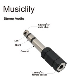 Musiclily Professional 3.5mm Female Plug to 6.35mm Male Jack Audio Stereo adapter Converter, Black(2 Pieces