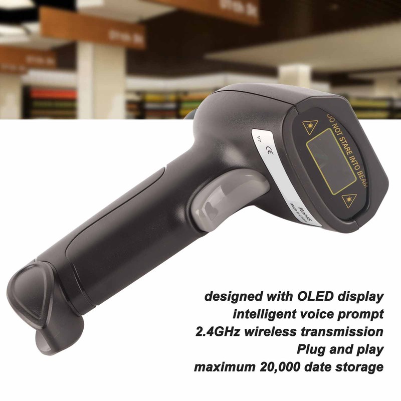 Wireless Barcode Scanner 2.4GHz OLED Display Voice Prompt 20000 Data