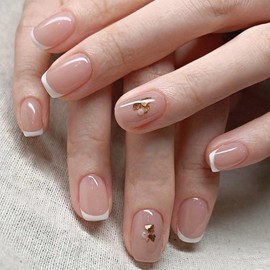 Bellelfin 120Pcs White French Tip Press on Nails Short Square Fake Nails, Full Cover Glossy Pink False Nails Acrylic Glue on Nails Cute Artificial Fingernails for Women Girls