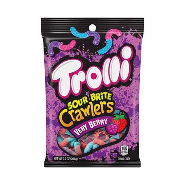 Trolli Sour Brite Crawlers Gummy Worms Very Berry, 7.2 Ounce Peg Bag (Pack of 8) Sour Gummy Worms