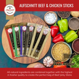 Premium Aufschnitt Products Aufschnitt Grass Fed Beef Jerky Sticks - Low Sodium, Certified Kosher - Made in USA - Keto & Halal Friendly - 6 Pack, Variety