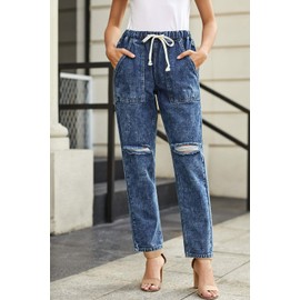 Metietila Women's Casual Pull-on Distressed Jeans Elastic Waist Denim Joggers Stretch Pants for Women Denim Blue XX-Large