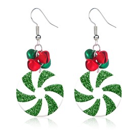 QLYOVWE Christmas Candy Earrings for Women Girls Handmade Red Green Jingle Bell Dangle Earrings Cute Peppermint Candy Earrings Christmas Holiday Party Decorations (Green)