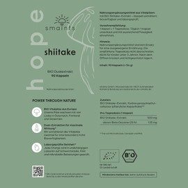 smaints Organic Shiitake Dual Extract Capsules - 100% Organic Cultivation in Europe - 90 Pieces for 90 Days - High Dose 500 mg per Capsule - Premium Shiitake Lentinula Edodes - Vegan & Laboratory Tested