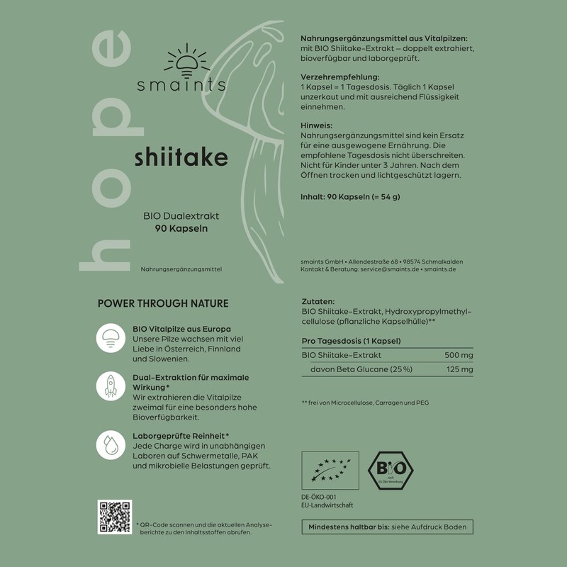 smaints Organic Shiitake Dual Extract Capsules - 100% Organic Cultivation