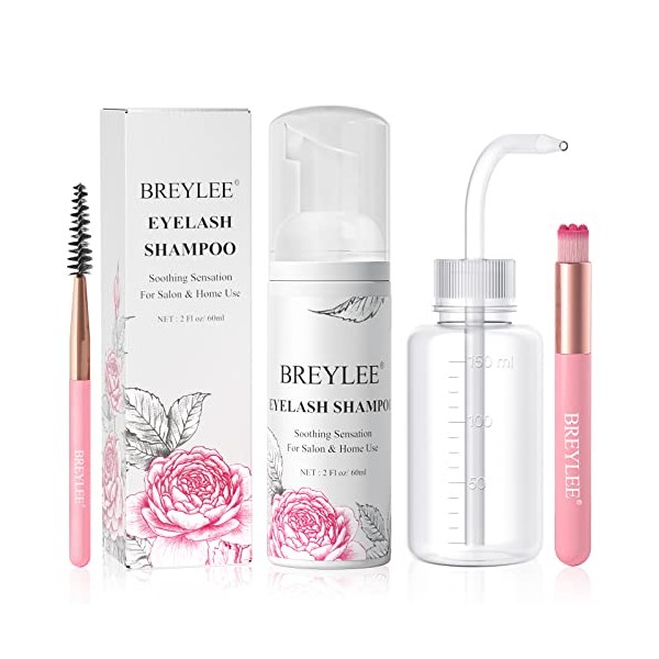 Lash Shampoo for Lash Extensions, BREYLEE 60ml+Rinse Bottle+Brushes, Eyelash Extension Cleanser, Lash Cleanser, Lash Wash, Lash Bath, Lash Cleaner, Paraben & Sulfate Free for Salon and Home Use