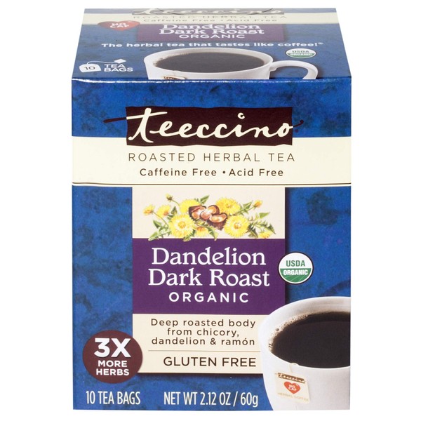 Teeccino Dandelion Tea – Dark Roast Roasted Herbal Tea | Organic Roasted Dandelion Root | Prebiotic | Caffeine Free | Gluten Free Acid Free Coffee Alternative, 10 Tea Bags (Pack of 6)