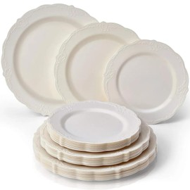 Vintage Collection Cream Plastic Plates Combo Set - 10.25", 9", 7.5" (10 Each Set) - Ideal for Weddings, Anniversaries, Birthdays & Special Celebrations