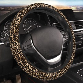 Leopard Cheetah Print African Animal Hunting Car Steering Wheel Cover,Non-Slip Elastic Neoprene-Sweat Car Accessories,Universal 15 Inch Fit Auto, Vans Trucks,Suvs, Truck
