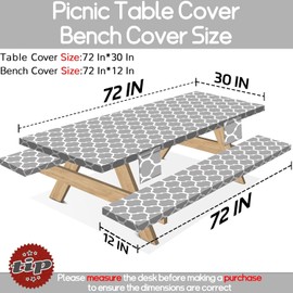 memKiya 6 Foot Picnic Table Cover with Bench Covers Fitted Dinner Tablecloth Waterproof 72×30Inch Family Picnic Themed Party Decorations Accessories Essentials for Outdoor Entertaining Grey Lattice