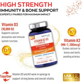 Granions 10,000IU Vitamin D3 K2 MK7 Complex - 250mcg MK-7 Vitamin K2 D3 Supplement - Vitamins, Coloring, Preservative Free Immune Support, Bone Health Supplements VIT D K - 60 One-a-Day Tablets
