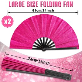 Qyeahkj 2 Pcs Glitter Hot Pink Hand Fan Large Folding Hand Fan Rave Clack Handheld Fans Chinese Tai Chi Kung Fu Fans for EDM Club Party Dance Performance Role Playing Concerts Supplies for Men Women