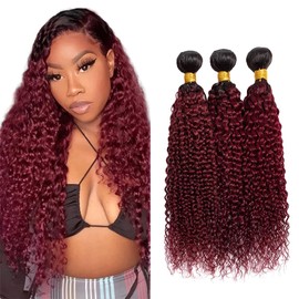 Raivide Hair 1B99J Bundles Ombre Kinky Curly Human Hair Bundles Two Tone Black and Burgundy Bundles Human Hair 14 16 18 Inch Ombre Red Bundles Hair Extensions