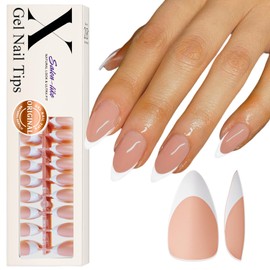 Gel X French Tip Nails Medium Almond French Tip Press on Nails SXVME White French Nail Tips 300Pcs Pre-applied Tip Primer Natural Brown Fake Nails Extensions Gel X Nail Kit for Women Girls DIY