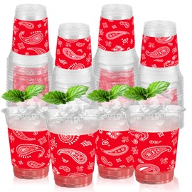 ABURRORI 50 Pcs 12OZ Cowboy Plastic cups, Western Party Decorations Disposable Red Bandana Print Clear Plastic Cups Juice Soda Beverage Birthday Party Favors For Western Cowboy Themed Party Supplies