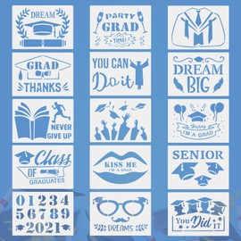 15 PCS Graduation Stencils for Painting Reusable Congrats Grad and Diploma Templates for 2025 Graduation Party Decorations DIY Wall Canvas Fabric Decors.