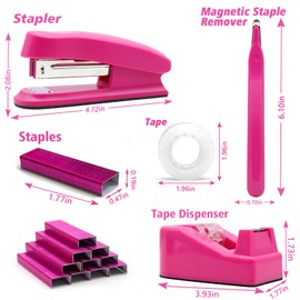 Hot Pink Desk Accessories Set - Stapler and Tape Dispenser Kit, Office Supplies Gift for Students, Women, Coworkers, Boss Lady, Office Clerks