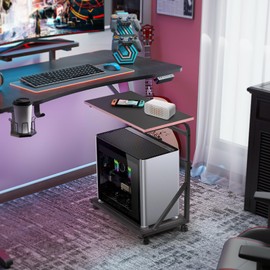 FUSLITE Ergonomic Height Adjustable Computer Tower Stand, 2-Tier CPU Holder Cart Under Desk, PC Floor Stand for Office Gaming Black and Pink