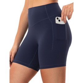 YUNOGA - Pantalones cortos de ciclista de cintura alta con bolsillos para mujer, 6 pulgadas, sin costura frontal, pantalones cortos de entrenamiento suaves para correr, yoga, gimnasio, marino, XXL