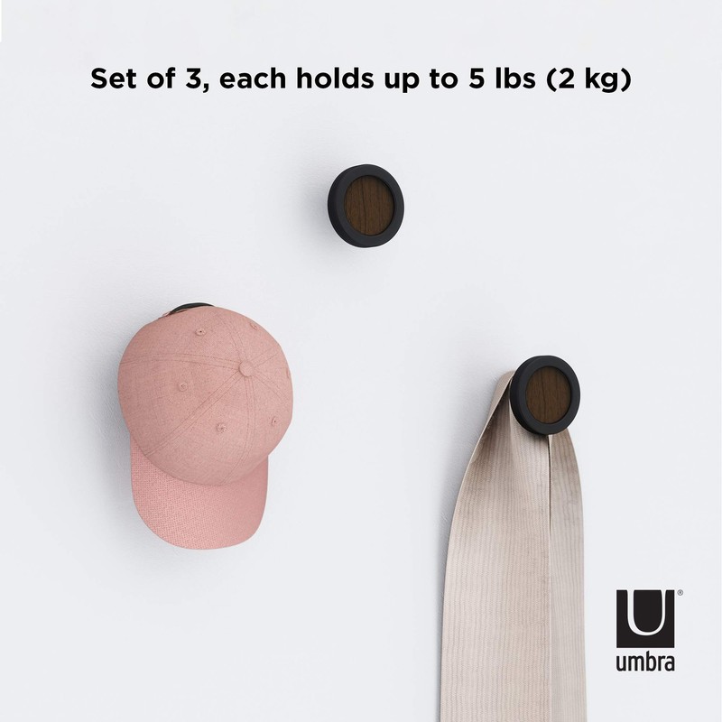 Umbra Hub Solid Wood Coat Hooks with Rubber Frame, Black/Walnut,