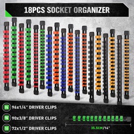 SWANLAKE Socket Organizer Set 18-Piece, 1/4-Inch x 96 Clips, 3/8-Inch x 90 Clips, 1/2-Inch x 72 Clips, Socket Organizer for Tool Box Drawer, Drive Socket Trays, Socket Holder Clip Rail