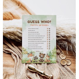 50 Guess Who Mommy or Daddy Baby Shower Game Cards, Woodland Baby Shower Games For Girl or Boy, Woodland Animal Theme