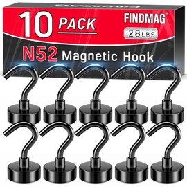 FINDMAG 28 LBS Black Magnetic Hooks Heavy Duty, Neodymium Magnet Hooks, Strong Magnetic Hooks for Hanging, Magnet with Hooks for Home, Kitchen, Workplace, Office (10 Pack)