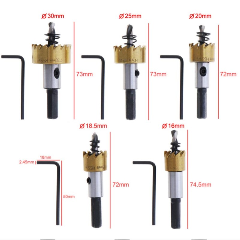 5pcs Hole Saw Set Hole Cutter 16/18.5/20/25/30mm HSS Metal Core