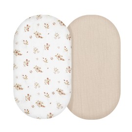 JIUNIMETEIC Muslin Bassinet Sheets, Baby Boy and Baby Girl Sheets, Soft Breathable Stretchy Baby Pad/Sheet Set, Universal for Any Mattress, Rectangle, Oval, Hourglass,33''x17''2 Pack (Floral, Beige