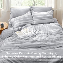 Bedsure Queen Comforter Set 7 Pieces, Grey Striped Bedding Set for All Seasons, Reversible, Cationic Dyeing Bed in a Bag with Comforter, Sheets, Pillowcases & Shams