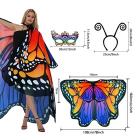Butterfly Costume Women's Wings Butterfly Wings Adult Two-Tier Fancy Dress Costumes Women's Cape Fancy Dress Butterfly Costume Accessories Set of 3 Face Mask Sensor Butterfly Headband