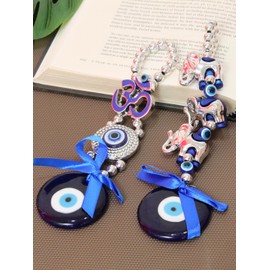 Tied Ribbons Evil Eye Hanging Decor | Metal, 2 Set | 7 Inch | Turkish Evil Eye Wall Hanging | Evil Eye Decor for Living Room, Bedroom, Car Hanging, Protection Charm, Valentines Day Decorations